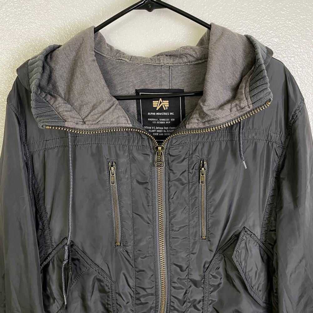 Alpha Industries Flight Jacket Mens Medium Grey Outdoors Full Zip Lined Hooded - Picture 6 of 10